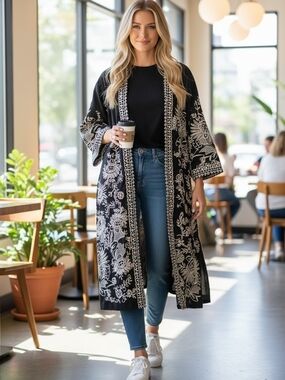 Chico's Black Open-Front Lace Jacket Kimono Duster Sz 2 L 12 14